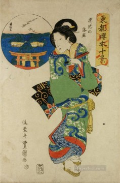 日本 Painting - 蓮の池の雁を差し込んだ女性 歌川豊国